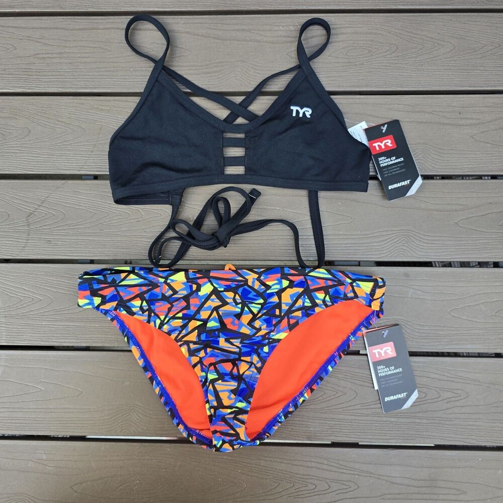 TYR Women Black Pacific Tieback Top W/ Costa Mesa Multicolor Bikini Sz L New
